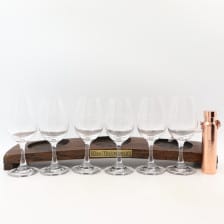 BALVENIE TASTING GLASSES X 6 WITH WOODEN PLINTH  DIPPING DOG