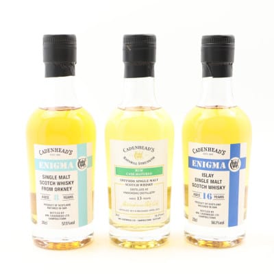 Knockdhu 2011 13 Year Old Cadenhead’s, Cadenhead’s Orkney Single Malt 8 Year Old Enigma & Cadenhead’s Islay Single Malt 16 Year Old Enigma 3 x 20cl