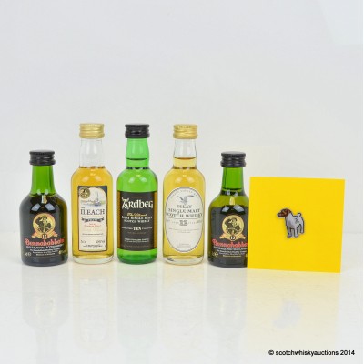 Assorted Islay Minis x 5 Including Ardbeg 10 Year Old With Shorty Pin Badge