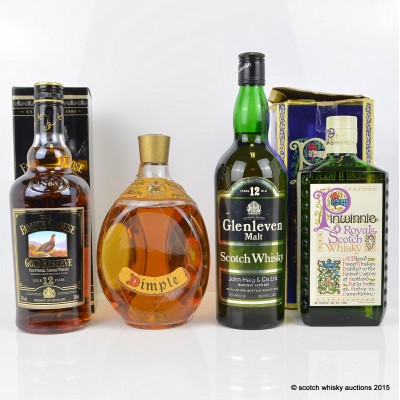 Glenleven 12 Year Old 26 2/3 Fl Ozs, Dimple 26 2/3 Fl Ozs, Pinwinnie Royale & Famous Grouse Gold Reserve 12 Year Old