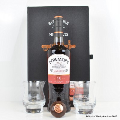 Bowmore Darkest 15 Year Old No. 1 Vaults Set With Glasses & Stopper