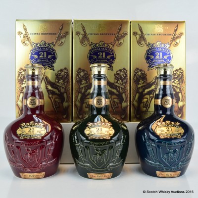 Chivas Royal Salute 21 Year Old Ruby Flagon, Emerald Flagon & Sapphire Flagon