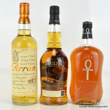 JURA SUPERSTITION  ARRAN SINGLE MALT   OLD PULTENEY 12 YEAR OLD