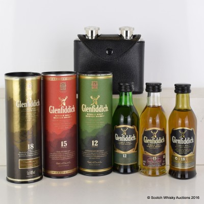 Glenfiddich Minis - 12 Year Old. 15 Year Old & 18 Year Old with Small Double Hip Flask