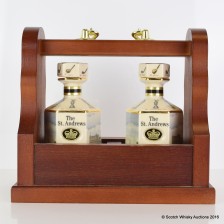 ST  ANDREWS GOLFING DECANTERS IN SMALL WOODEN TANTALUS