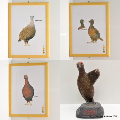 Famous Grouse Ceramic Bottle Holder & Framed Adverts x 3