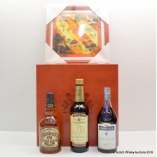 SEAGRAM S WOODEN CHEST WITH CHIVAS 12 YEAR OLD 75CL  SEAGRAM S VO 75CL   MARTELL CORDON BLEU 75CL