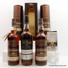GREEN WELLY EXCLUSIVE BOTTLINGS 3 X 70CL GLENDRONACH   ARRAN WITH NOSING GLASS