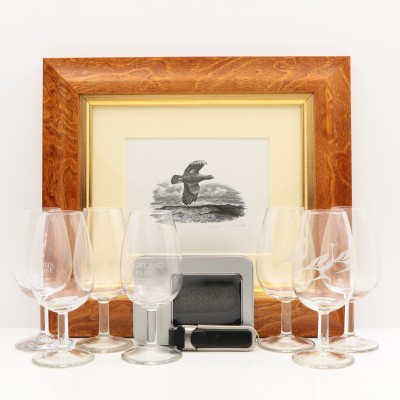 Famous Grouse Original Signed, Framed Print, Glencairn Glasses x 6, Highland Park USB Stick & Nosing Glass