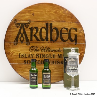 Ardbeg 10 Year Old Mini 5cl, Uigeadail Mini 5cl, Tasting Glass & Decorative Cask End