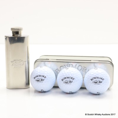 Bowmore Golfballs x 3 & Bowmore Metal Flask