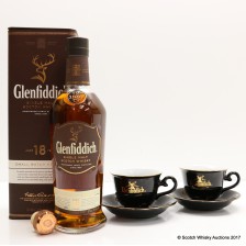 GLENFIDDICH 18 YEAR OLD SMALL BATCH RESERVE  125TH ANNIVERSARY STOPPER  GLENFIDDICH BRANDED CUP   SAUCER SET X 2