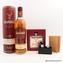 Glenfiddich 15 Solera Reserve With Copper Hip Flask Leather Wallet Cufflinks