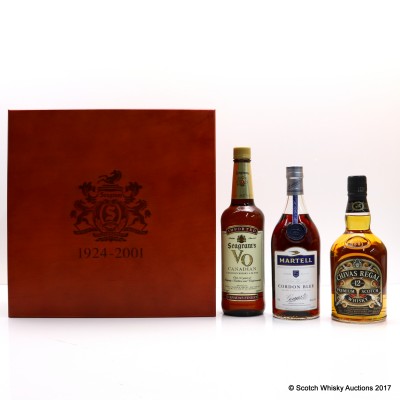 Seagram's Commemorative Employee Gift Box Including Martell Cordon Bleu Cognac, chivas Regal 12 Year old, Seagram's VO & Framed Picture 3 x 75cl