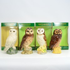 WHYTE   MACKAY SNOWY OWL  SHORT EARED OWL  BARN OWL   TAWNY OWL CERAMIC DECANTER SET