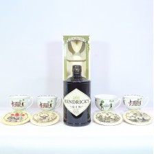 HENDRICK S GIN WITH TEA CUPS X4  SAUCERS X4   COASTERS X4