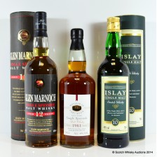 ISLAY SINGLE MALT FOR MORRISONS  WAITROSE PORT WOOD SPEYSIDE MALT 1981 23 YEAR OLD   GLEN MARNOCH 12 YEAR OLD