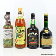 ARTEMI HONEY RUM  SOUTHERN COMFORT WITH ALLIGATOR KEY RING  OFFLEY RUBY PORT   THREE BARRELS V S O P  BRANDY